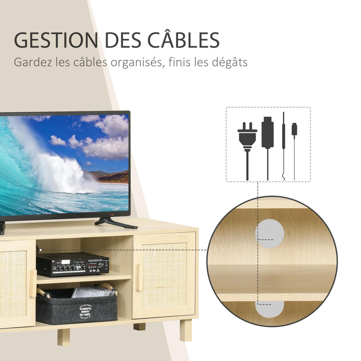 LOWBOARD DE-16078 2 Nischen, 2 Türen aus Rattan Hell Holzoptik - Beige, Holzwerkstoff (115/48/40cm) - ComfortXL