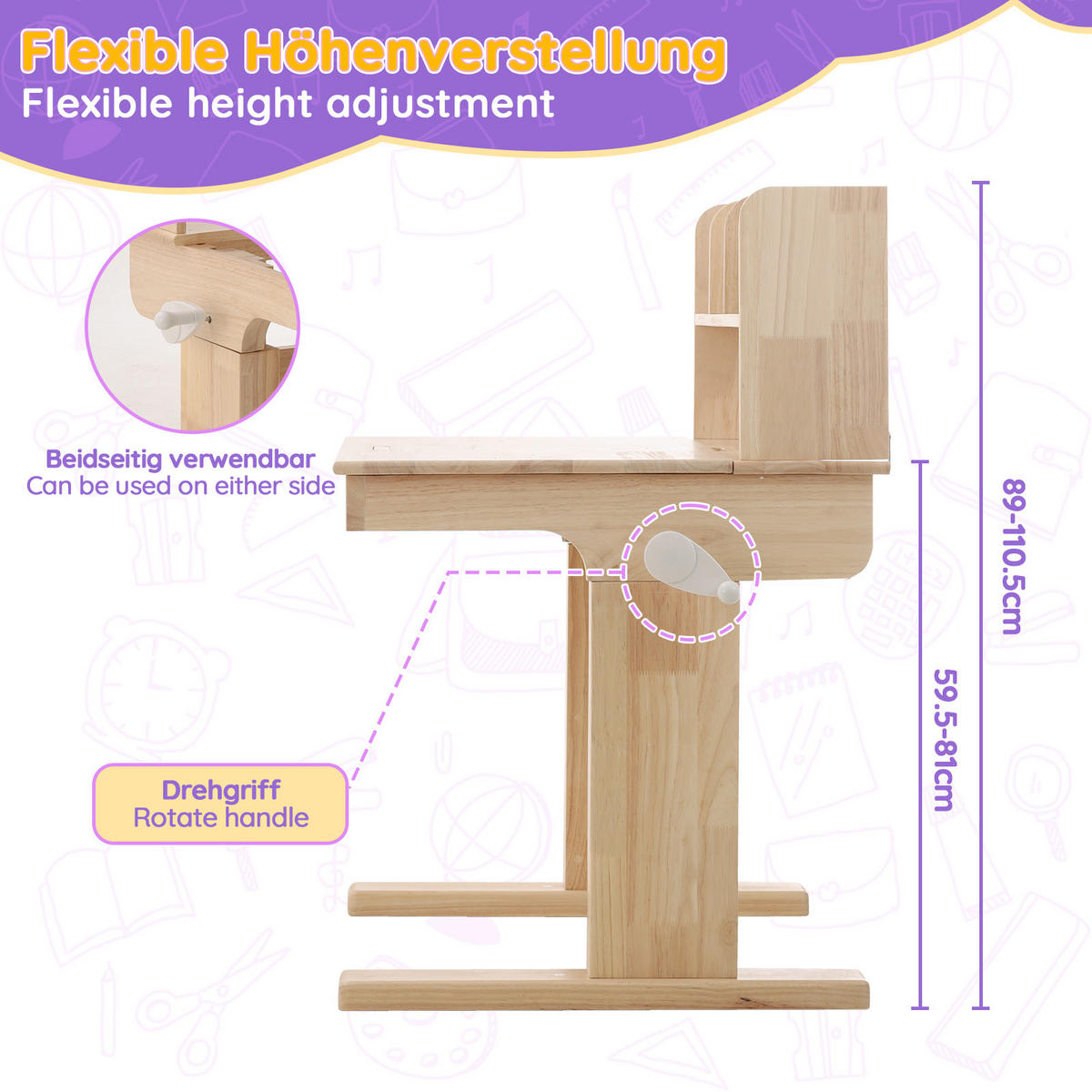 SCHREIBTISCH Naturfarben 92/60/89 cm höhenverstellbar Massivholz - Naturfarben, Holz (60/92/89cm) - PANGIVO