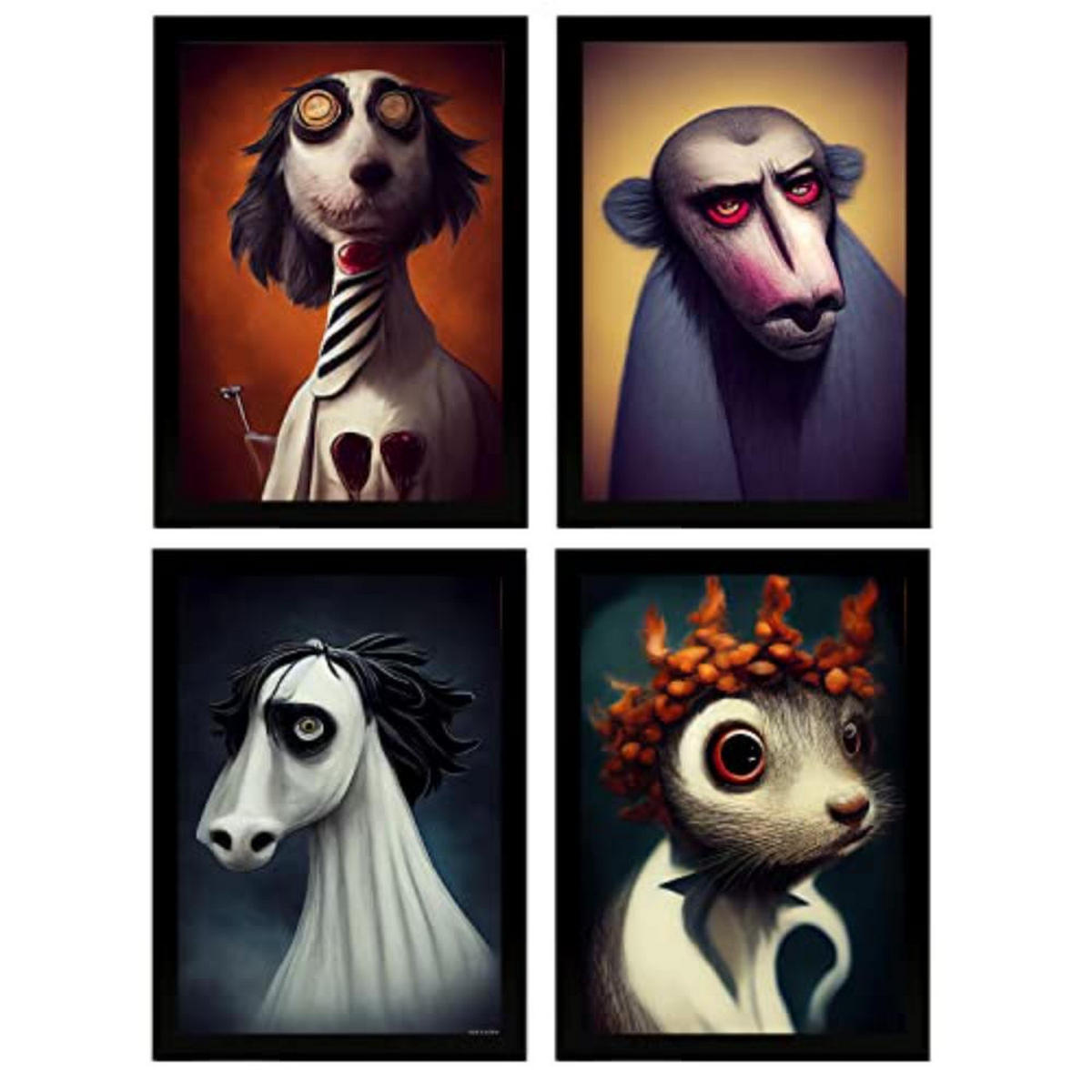 POSTER Set mit 4 Neugierig Tier im T Burton Goth Stil A4 Rahmenlos - Klar, Papier (29.7/3cm) - Nacnic