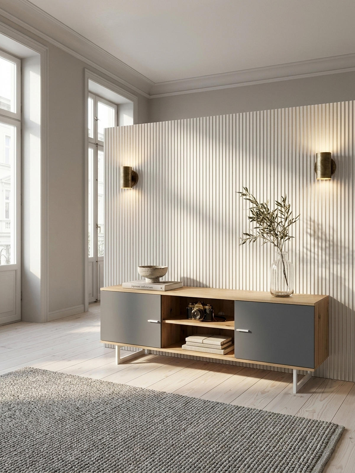 TV-LOWBOARD mit Eiche-Dekor und 2 Türen, modern, Braun-Grau 150x40x55 cm - Silberfarben/Braun, Holzwerkstoff/Metall (150/55/40cm) - KADIMA DESIGN