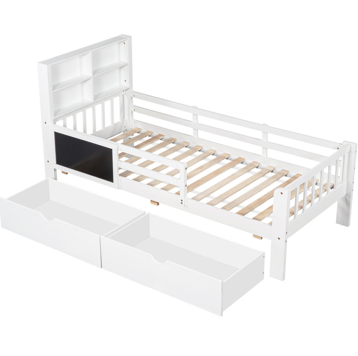 KINDERBETT 90/200 cm mit Sicherheitsleiste, Tafel, Ablage und 2 Schubladen, Massivholz/MDF, Weiß - Weiß, Holz (90/200cm) - Redom