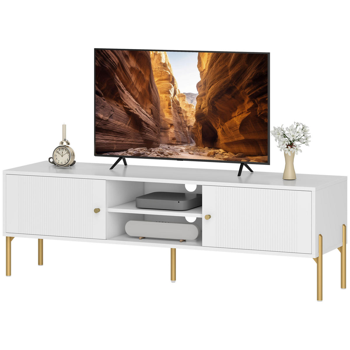 TV-LOWBOARD Weiß/Goldfarben 140/38/45,9 cm, 2 Türen, 2 offene Fächer, Metallfüße - Weiß, Holzwerkstoff (140/45.9/38cm) - PANGIVO