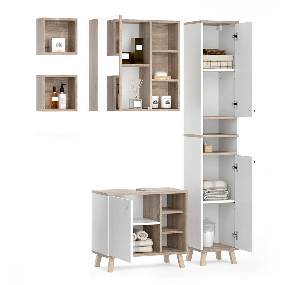 BADMÖBEL-SET Senyo Weiß 4 Teile, mit Hochschrank - Weiß/Sonoma Eiche, Holzwerkstoff (62/54/32cm) - Vicco
