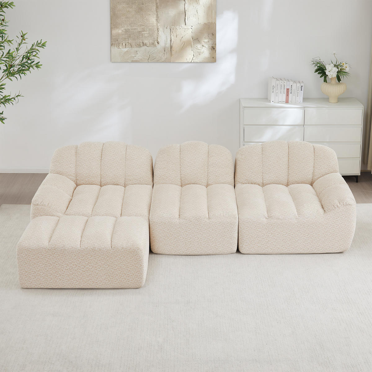 ECKSOFA 3-Sitzer Granulierter Fleece Beige & Weiß - Beige, Textil (288/165cm) - WISHDOR