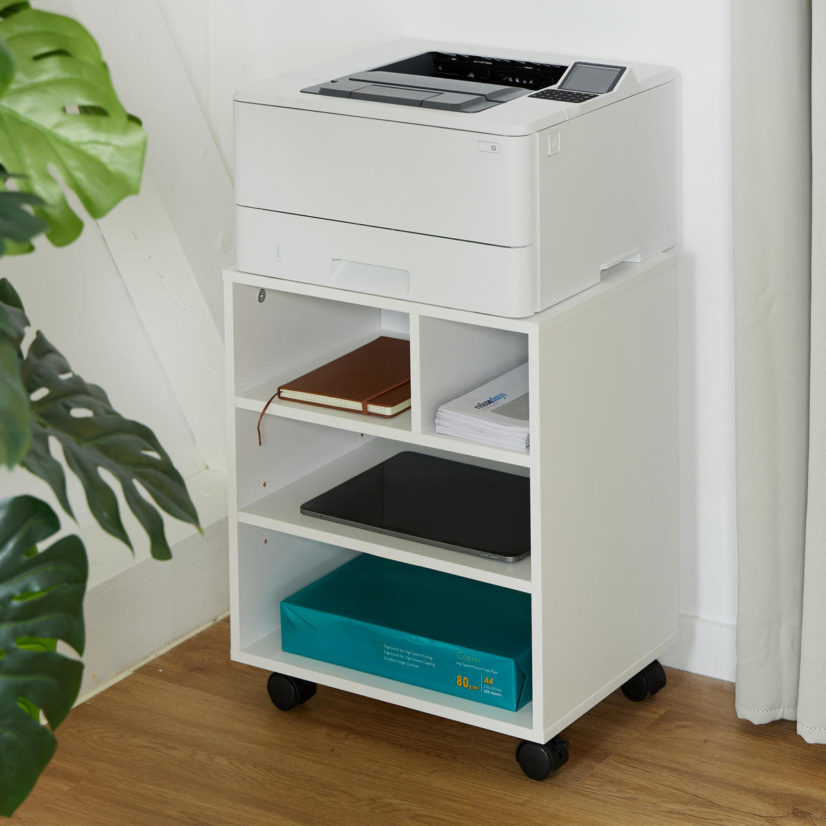 FÖRVARINGSVAGN Vit silver på hjul 4 fack - Vit, Träbaserade material/Plast (40/49/30cm) - Relaxdays