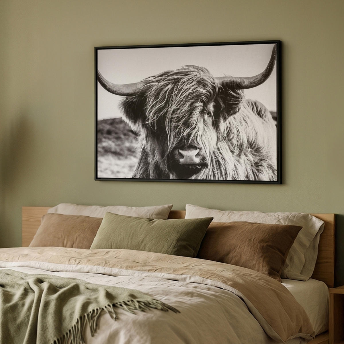 LEINWAND Bilder mit Rahmen - Kuh - Schottischer Hochländer - Schwarz - Weiß - Tier - Natur - Wildtiere - 100x70 - Schwarz, Textil (100/70cm) - MuchoWow