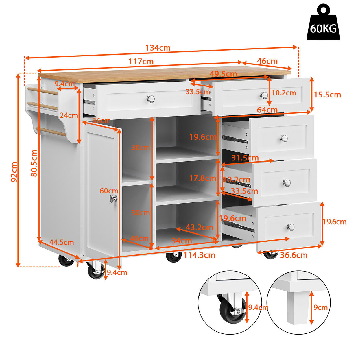 KÜCHENWAGEN Speisewagen 134x46x92cm Weiß mit Schubladen & Trennwand - Weiß, Holzwerkstoff (134/92/46cm) - Modfu