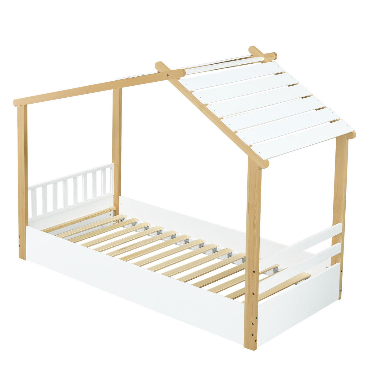 HAUSBETT aus Kiefer, Spanplatte und MDF 90x200 cm Weiß/Natur mit Lattenrost im Holzhausdesign - Weiß, Holzwerkstoff (90/200cm) - Modfu