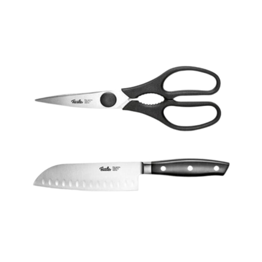 KÜCHENMESSER SET 2-tlg Schwarz, Santokumesser 165 mm, Küchenschere, Edelstahl, Schneidemesser, Küchenzubehör, Profi Messer, Klingenstahl, Kochbedarf - Silberfarben/Schwarz, Kunststoff/Metall - Fissler