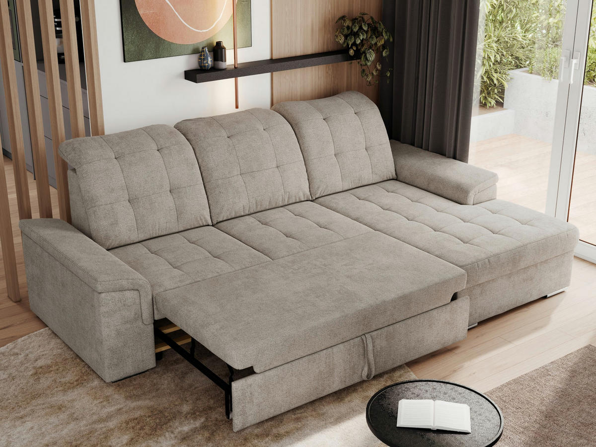ECKSOFA MADRITO L - Beige Struktur - Rechts - Beige/Silberfarben, Textil/Metall (256/160cm)