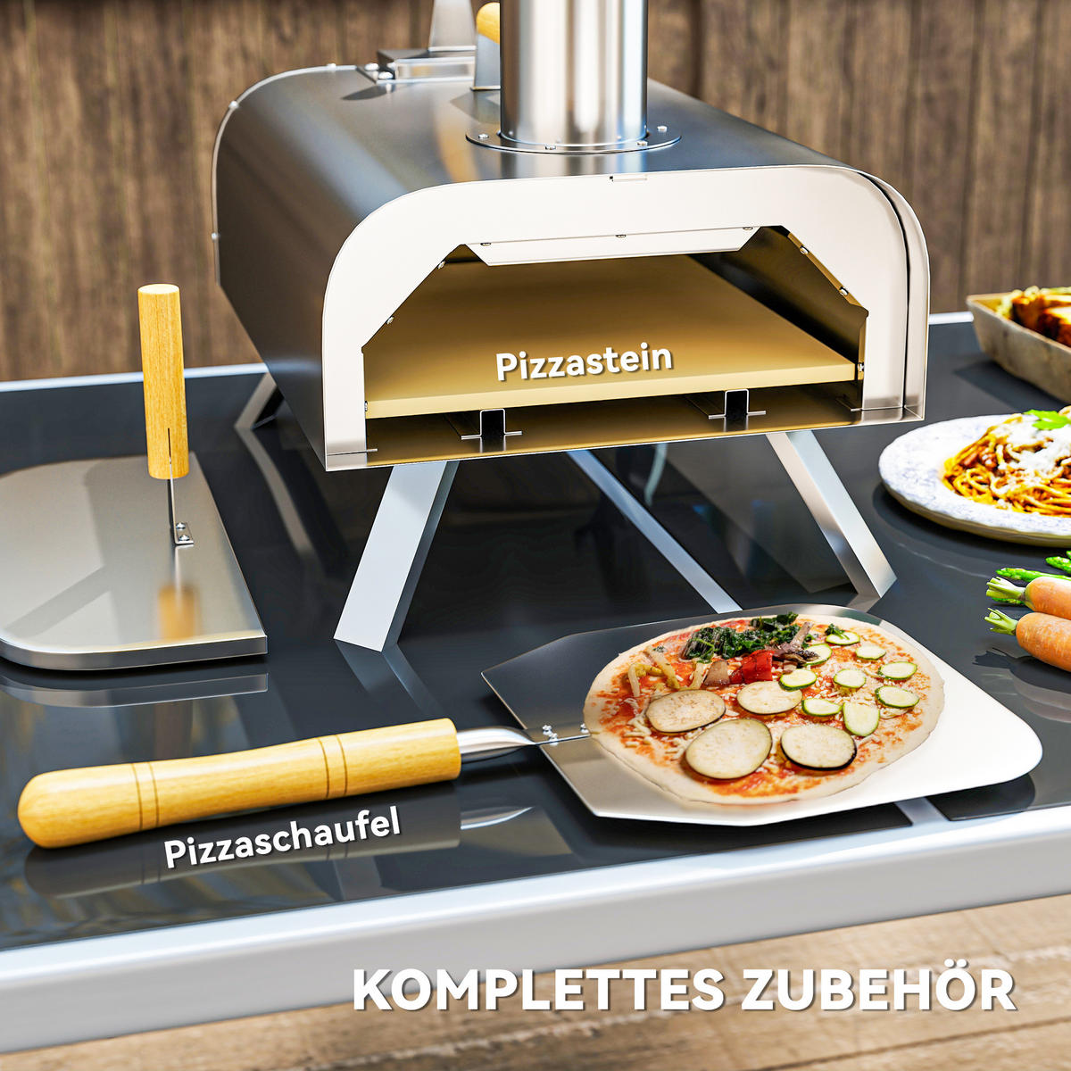 PIZZAOFEN DE-10051 mit Pizzastein und Schaufel Edelstahl - Silberfarben, Metall (36/75/79cm) - ComfortXL