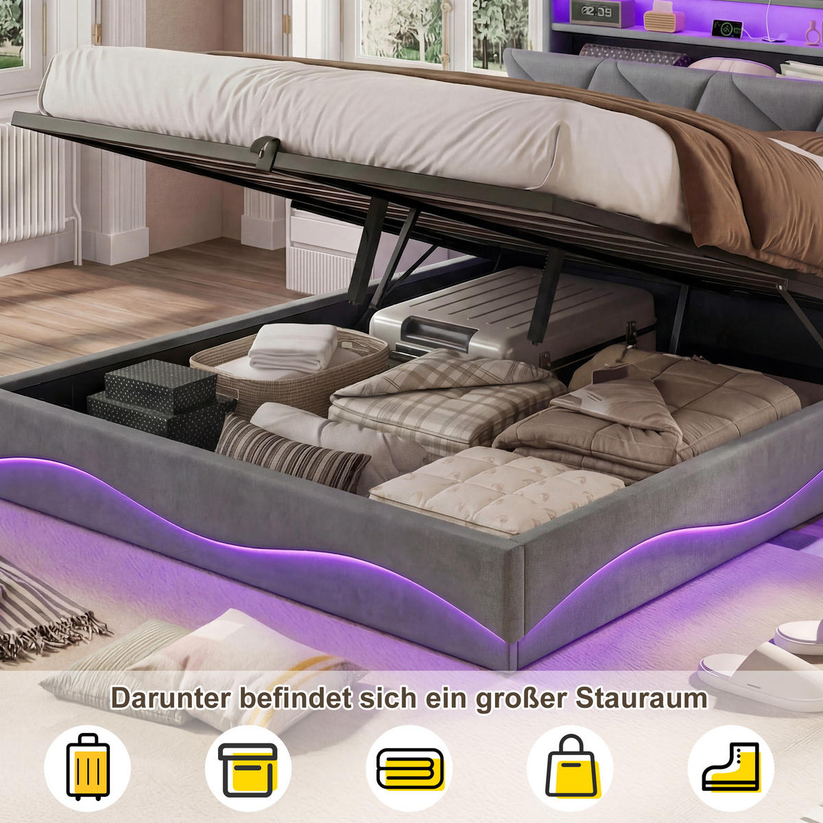 POLSTERBETT 160/200 cm Grau mit hydraulischem Stauraum, LED & USBund Lattenrost - Grau, Metall (160/200cm) - EuroLiving