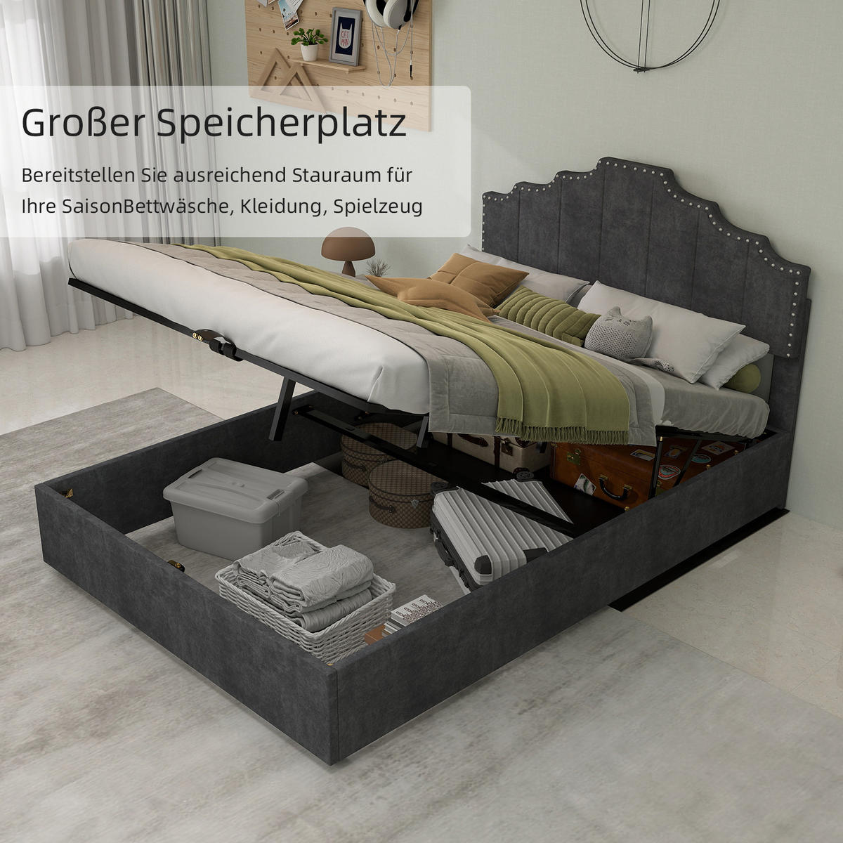 POLSTERBETT 140/200 cm in Grau Stoff mit geometrischem Kopfteil - Grau, Holzwerkstoff/Textil (140/200cm) - WISHDOR