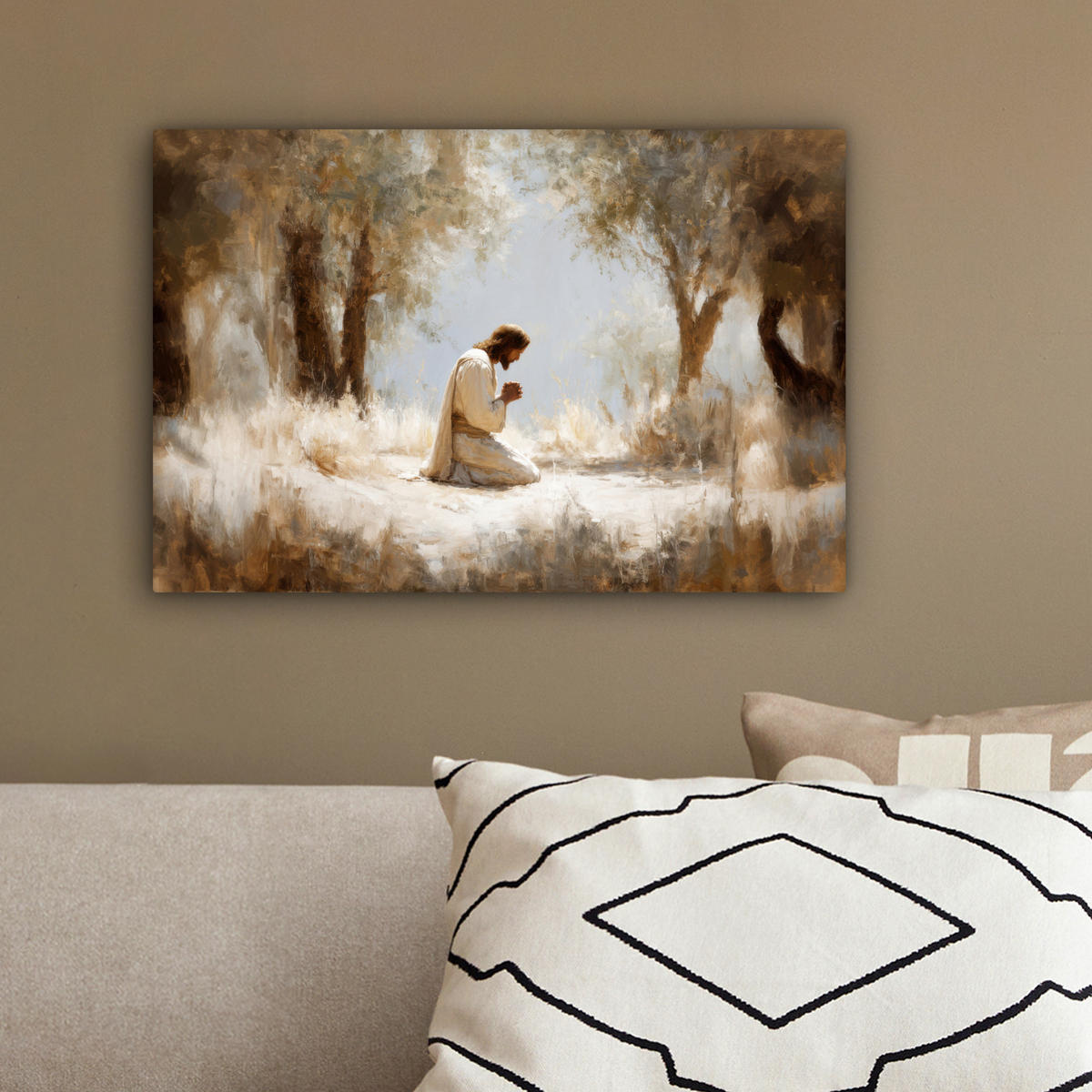 LEINWANDBILD Jesus - Kniend - Waldlandschaft - Betend Deko Schlafzimmer 30x20 cm - Beige/Hellblau, Textil (30/20cm) - MuchoWow