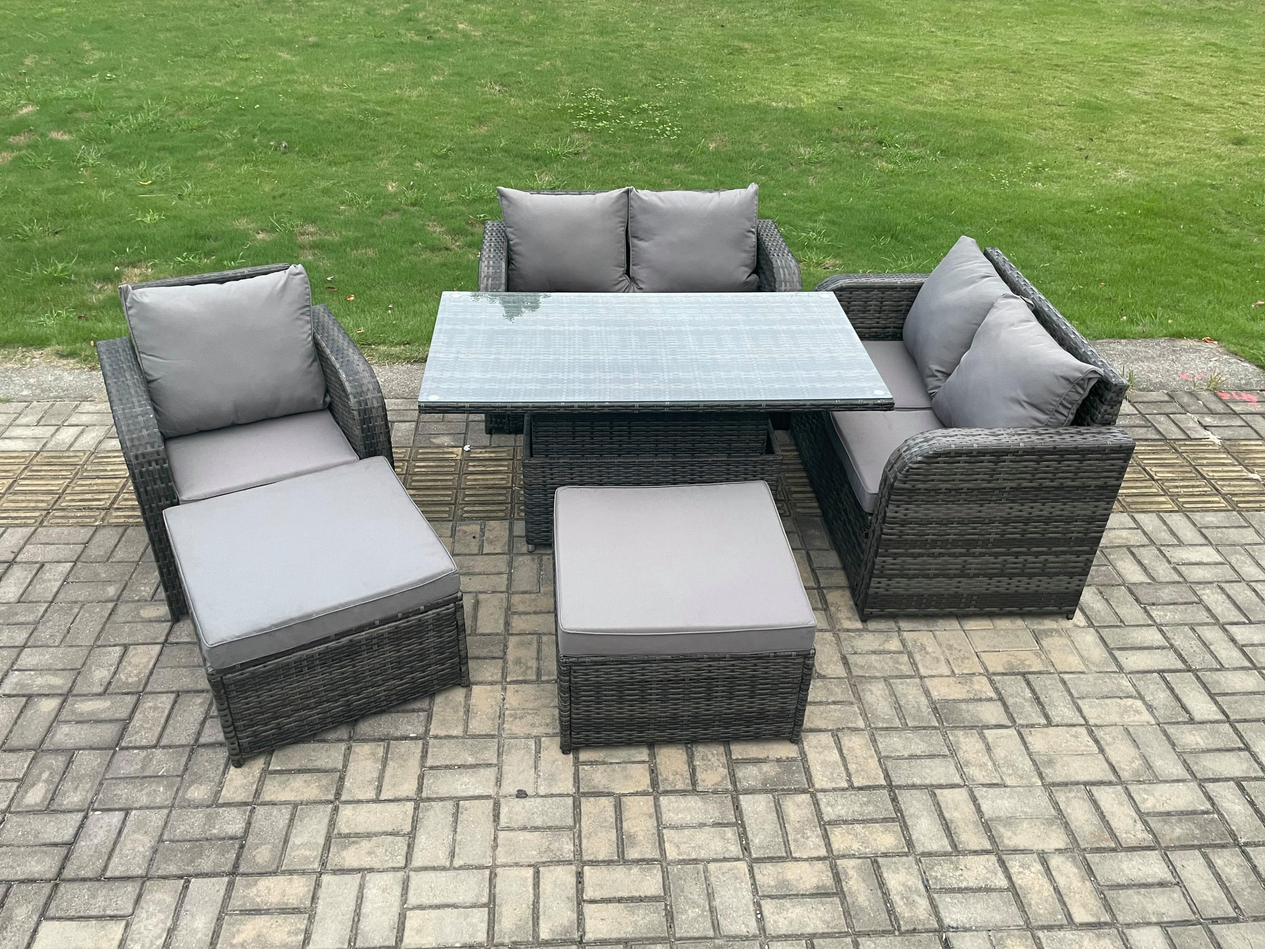 GARTENMÖBELSET Polyrattan 7-Sitzer - Dunkelgrau, Metall - Fimous