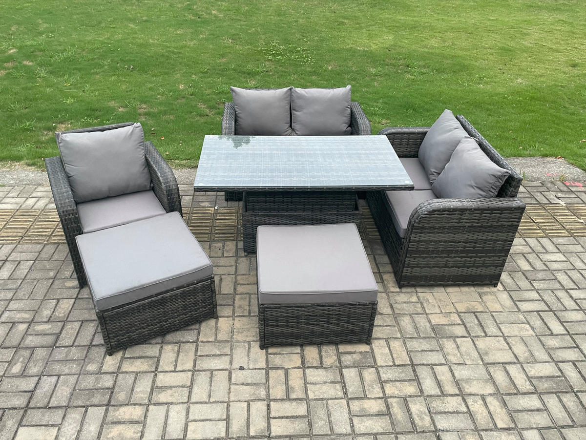 GARTENMÖBELSET Polyrattan 7-Sitzer - Dunkelgrau, Metall - Fimous
