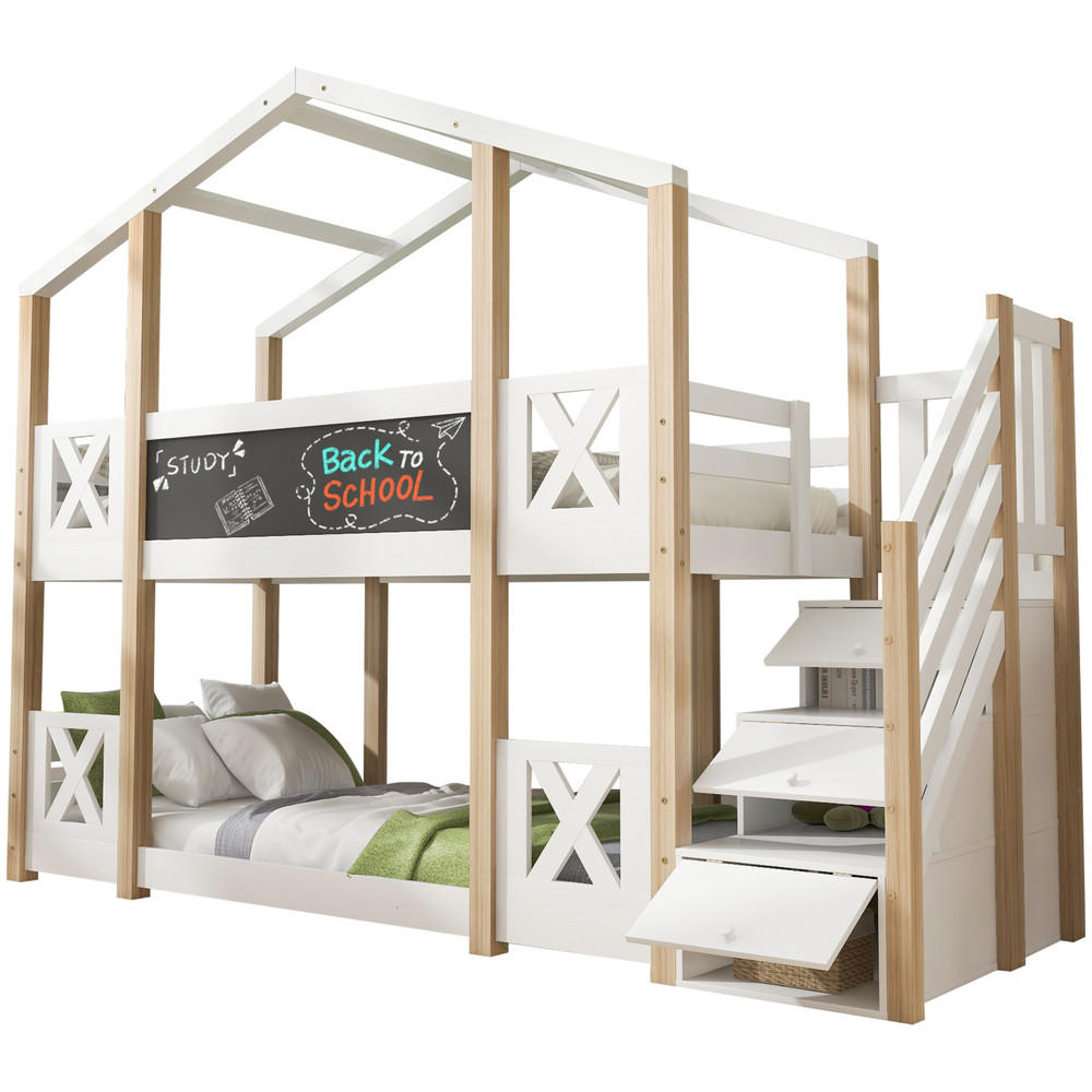 ETAGENBETT 90x200cm Baumhaus mit Treppe Stauraum & Rausfallschutz Weiß - Weiß, Holz - FLIEKS