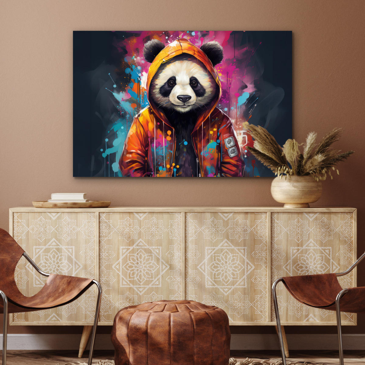 METALLBILD Panda - Jacke - Graffiti - Orange 120x80 cm - Orange, Metall (120/80cm) - MuchoWow