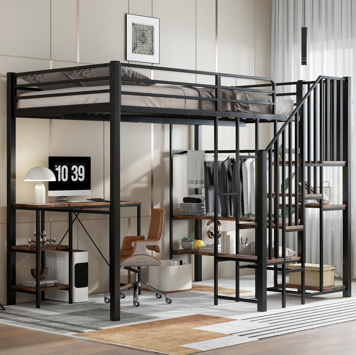ETAGENBETT 120/200 cm mit Schreibtisch, Regal, offenem Kleiderschrank und Eckleiter, Schwarz - Schwarz, Holzwerkstoff (120/200cm) - Redom