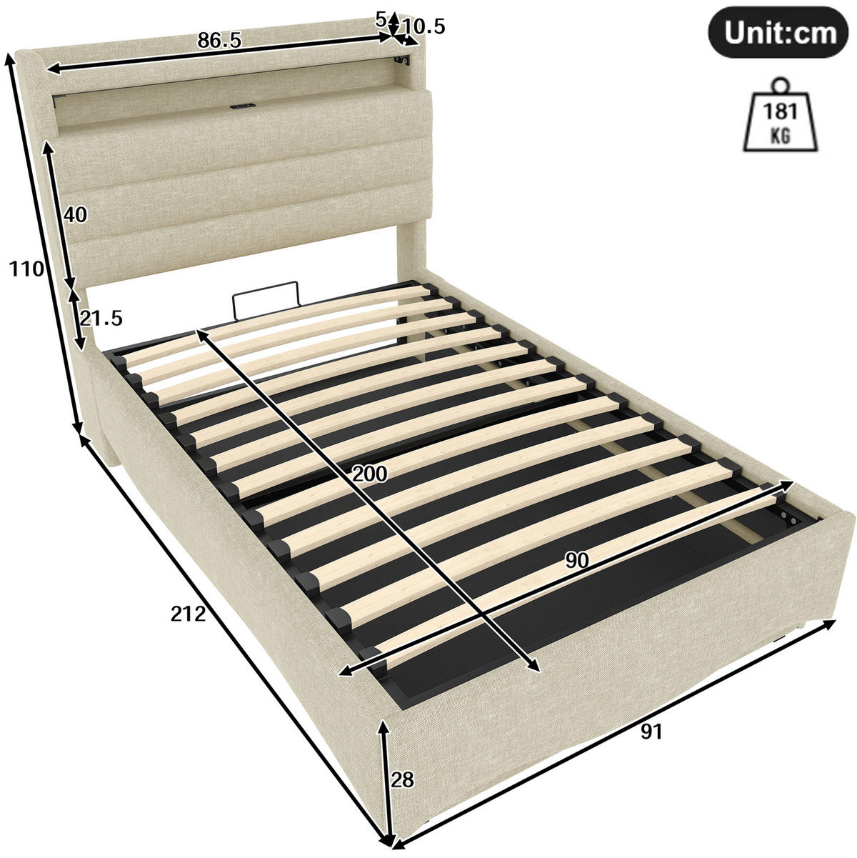 POLSTERBETT 90/200 cm Beige aus Leinen mit Stauraum, LED und USB- und Type-C-Anschlüssen - Beige, Textil (90/200cm) - Flora Grace