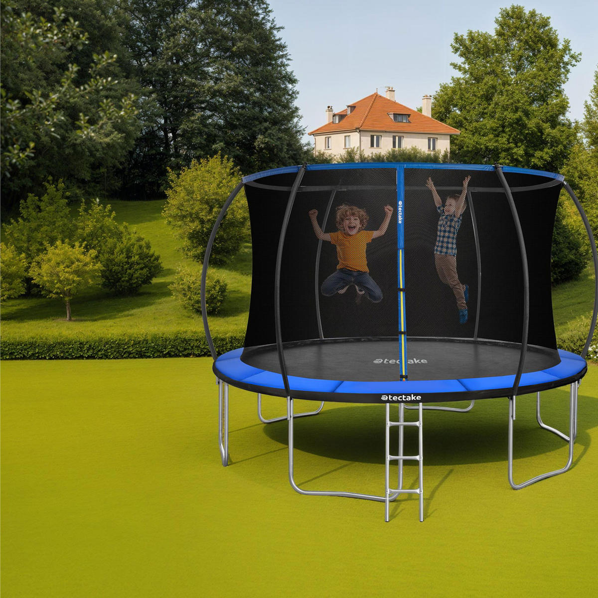 TRAMPOLIN Jumpy,inklusive Einstiegsleiter,schwarz/blau - Blau/Schwarz, Metall (394/275/394cm) - tectake