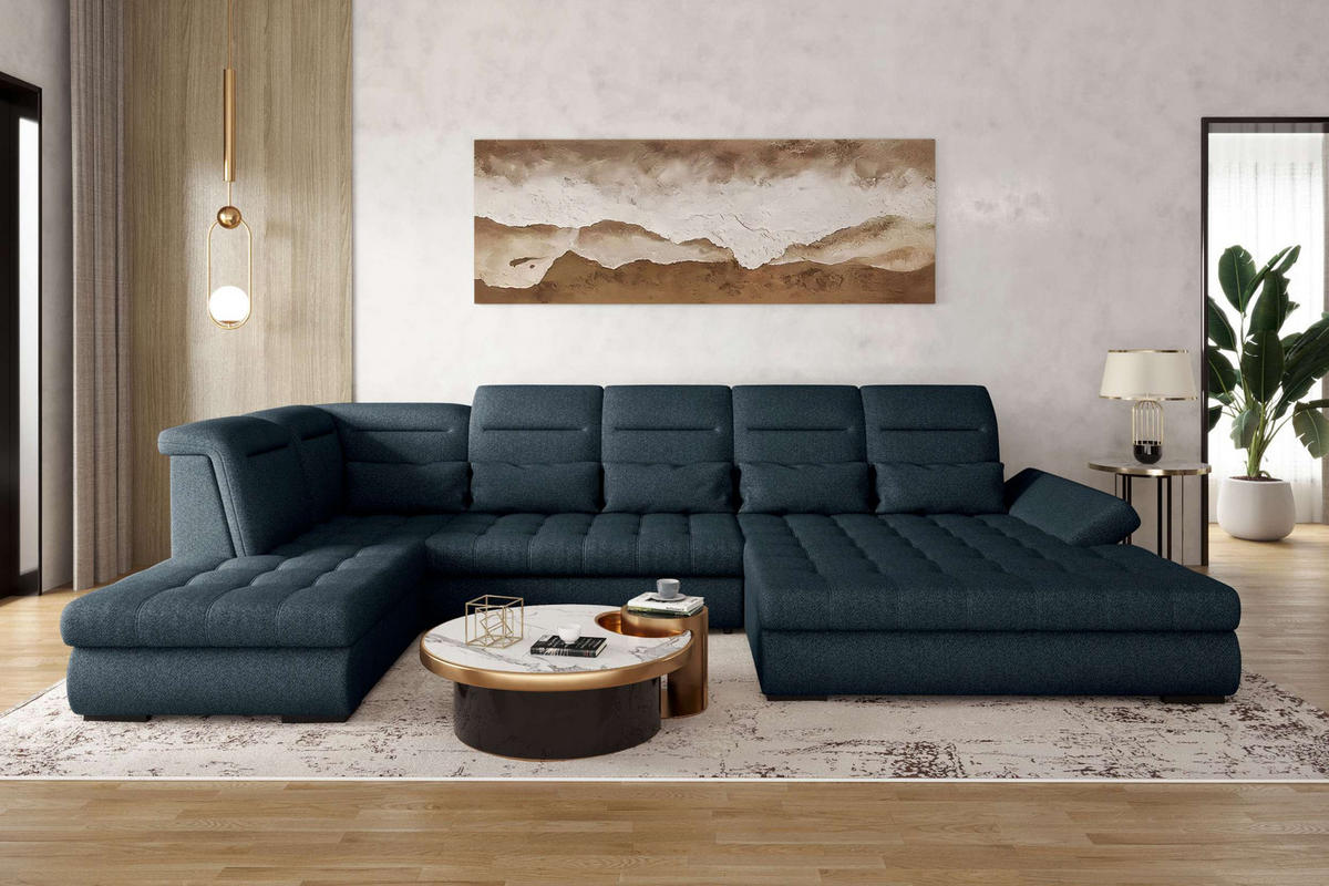WOHNLANDSCHAFT Toscana Velours inkl. Schlaffunktion - Dunkelblau, Textil (358/87/208cm) - 99rooms