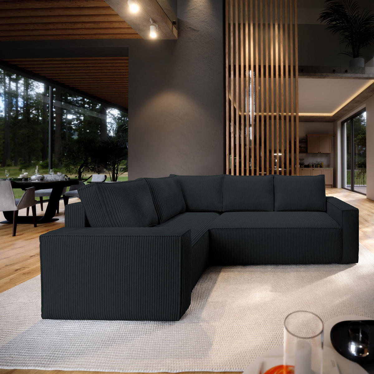 ECKSOFA ESTANO L-S Schwarz Kordstoff mit Schlaffunktion - Schwarz, Holz (230/158cm) - MASSENO