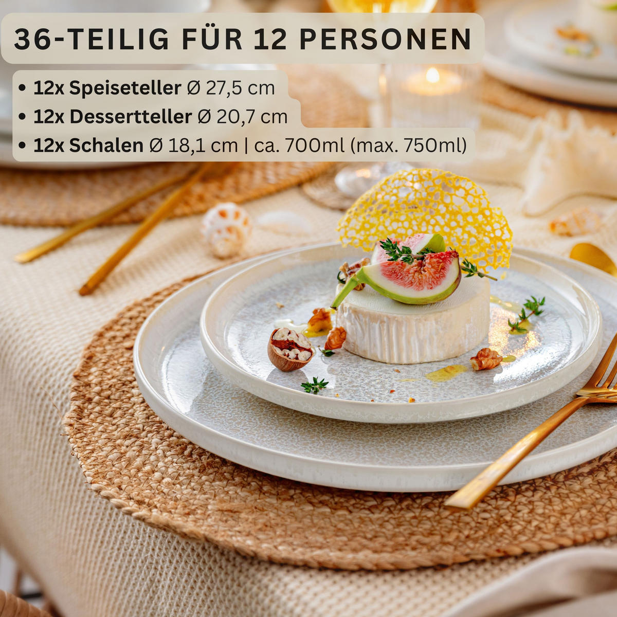TAFELSERVICE KORFU - 36 teilig aus Steingut 12 Personen - Creme, Stein (27.5/5/27.5cm) - Sänger