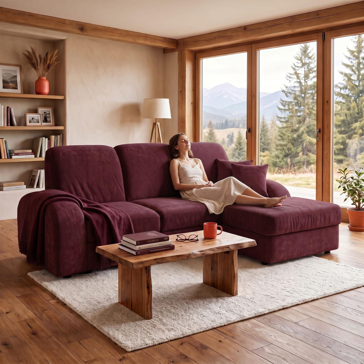 ECKSOFA VIBE S Rechts mit Schlaffunktion 130x202 Chenille Bordeaux - Bordeaux/Schwarz, Holz/Kunststoff (156/255cm) - Muffo