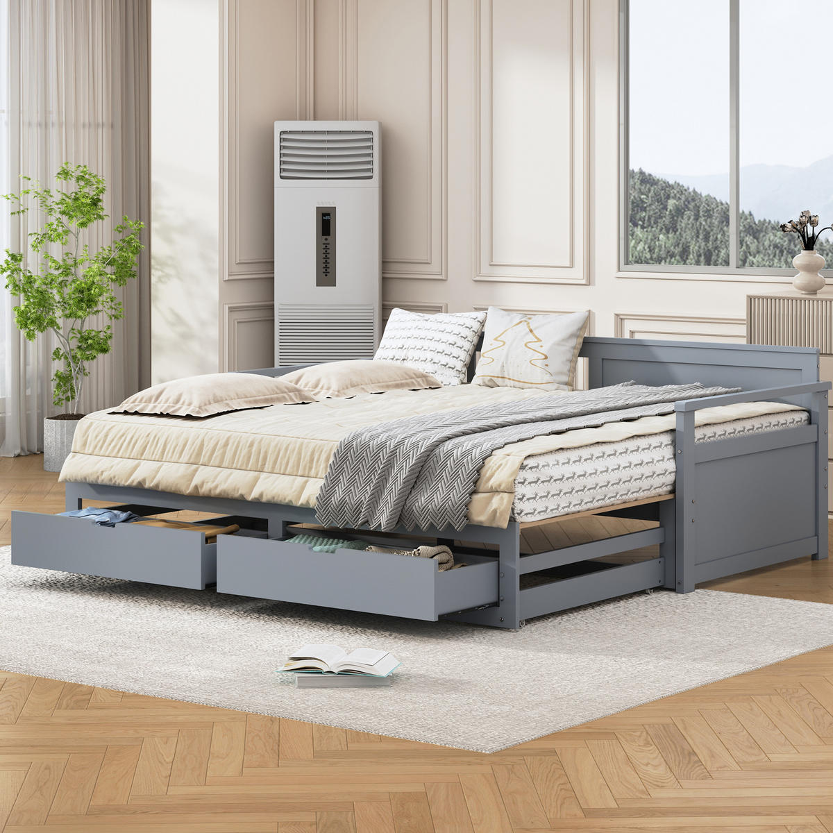 TAGESBETT aus Kiefer 90x190/180x190 cm Grau mit Ausziehbett und Schubladen, platzsparend - Grau, Holzwerkstoff (180/190cm) - Modfu