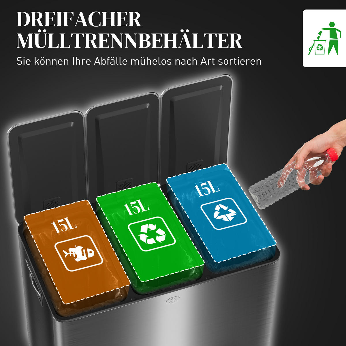MÜLLEIMER 3x20L Abfalleimer aus Edelstahl mit Softclose Deckel Deodorant-Fächern - Anthrazit, Metall (36.6/43.2/61.9cm) - HOMCOM