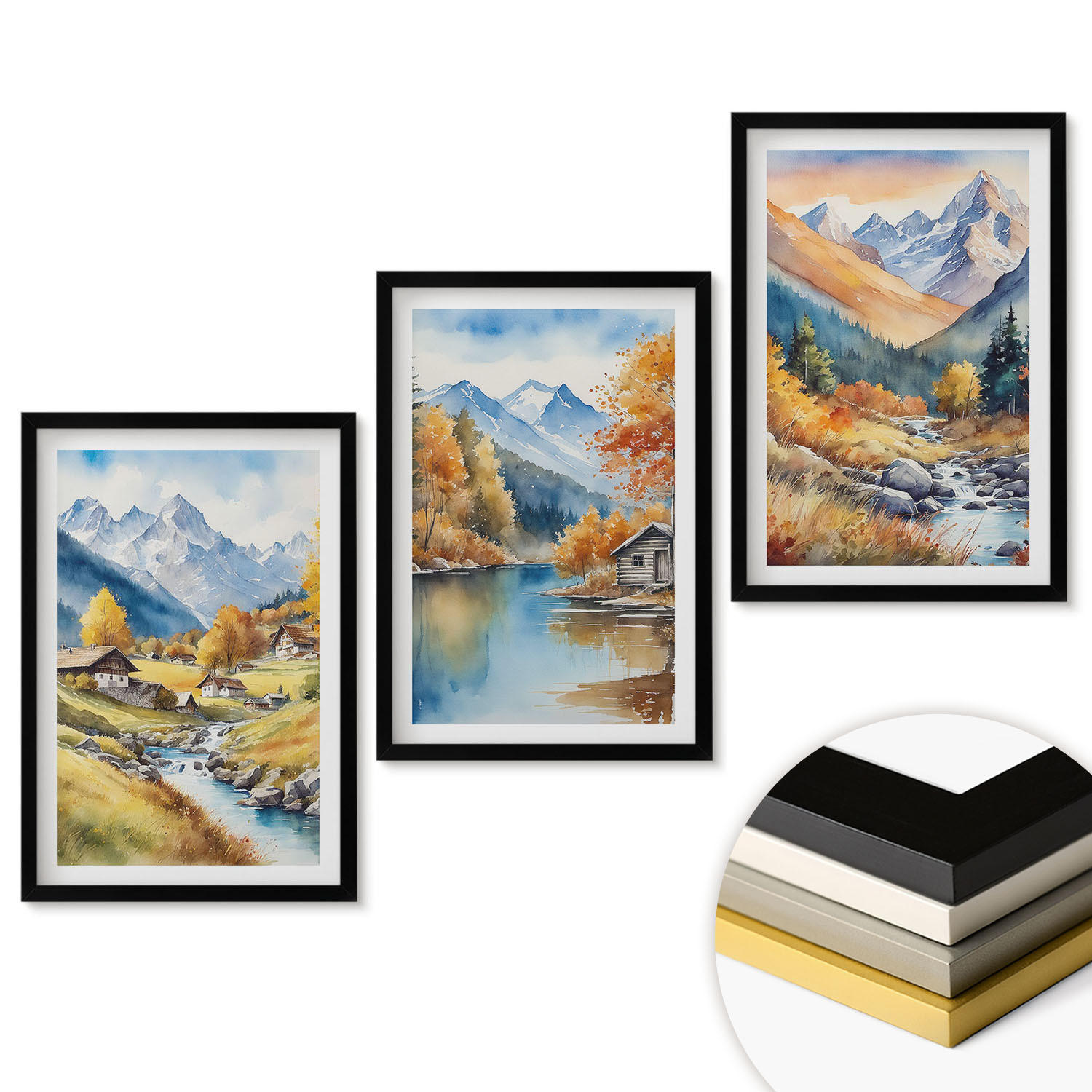 WANDBILDER 3er-Set - 40x60 cm Schwarzer Rahmen - Herbstliche Berge, Flusshäuser - Schwarz, Kunststoff (40/60cm) - ArtPrintCave