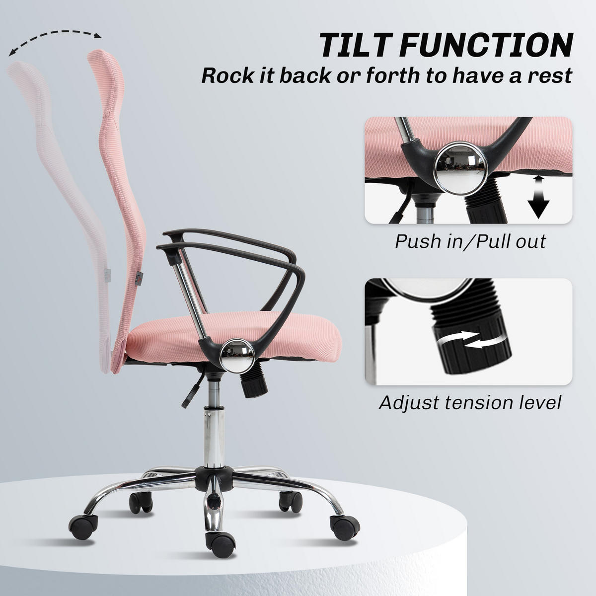 BÜROSTUHL Netz Stahl Rosa - Chromfarben/Schwarz, Kunststoff/Textil (65/119/63cm) - HOMCOM