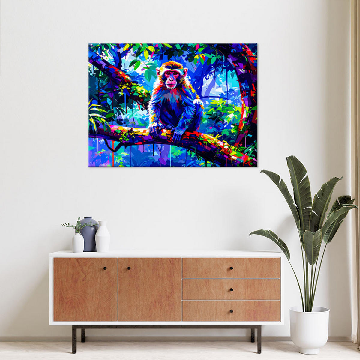 LEINWANDBILD Bunter Affe auf einem Ast 120x80cm - Multicolor, Textil (120/80cm) - Feeby