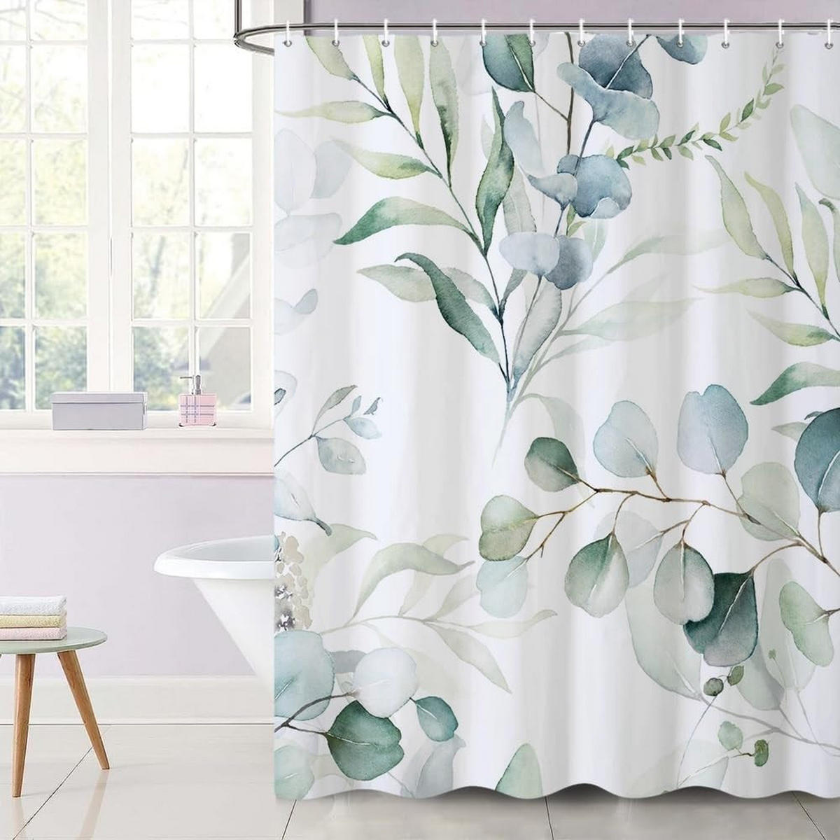 DUSCHVORHANG schimmelresistent Grün Blätter Blumen Weiß Badewanne Stoff waschbar wasserdicht - Grün, Textil (180/200cm) - MCBOSON