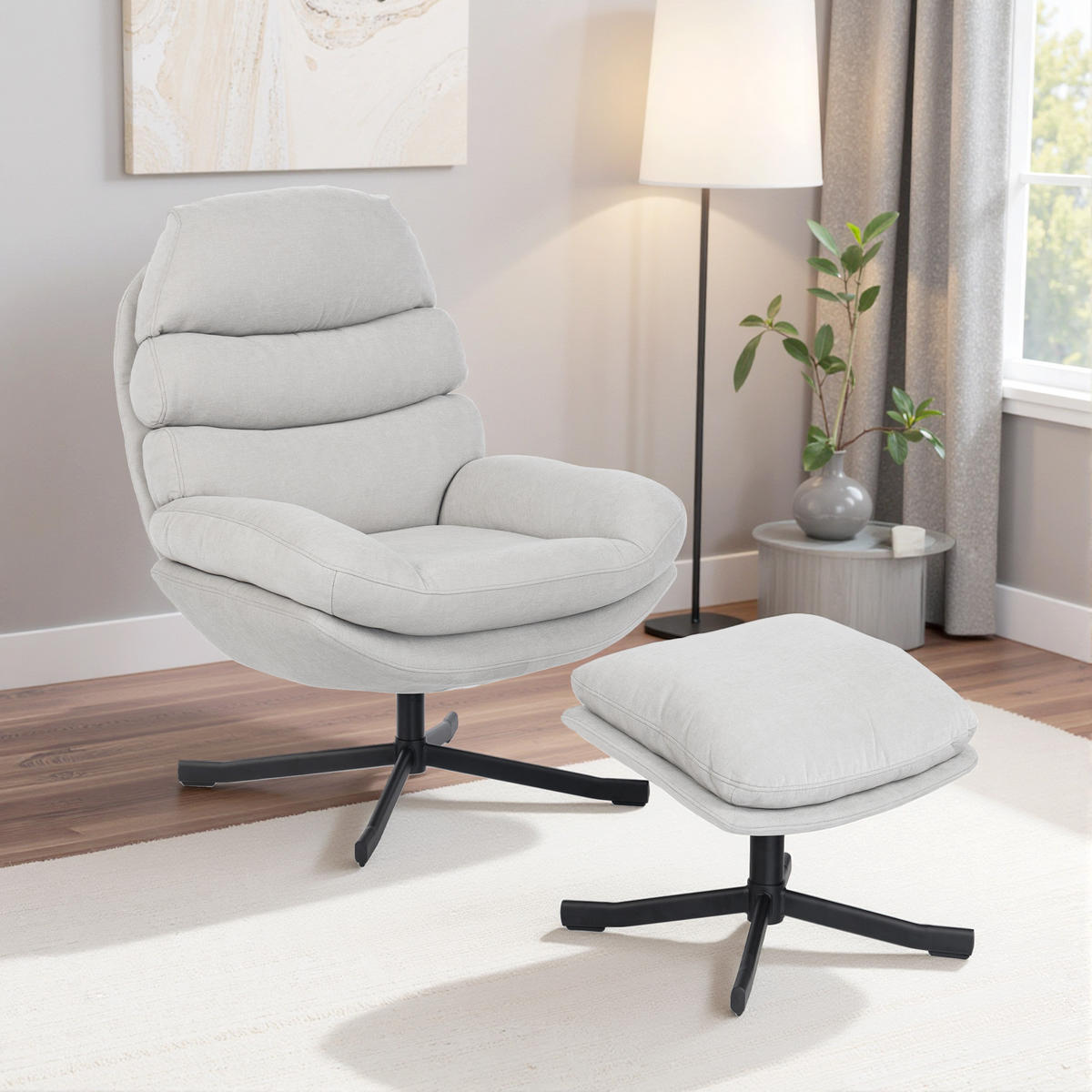 RELAXSESSEL DE-07589 mit Hocker und Chenille-Stoff, 360° drehbar Cremeweiß - Creme, Metall (78/100/93cm) - ComfortXL