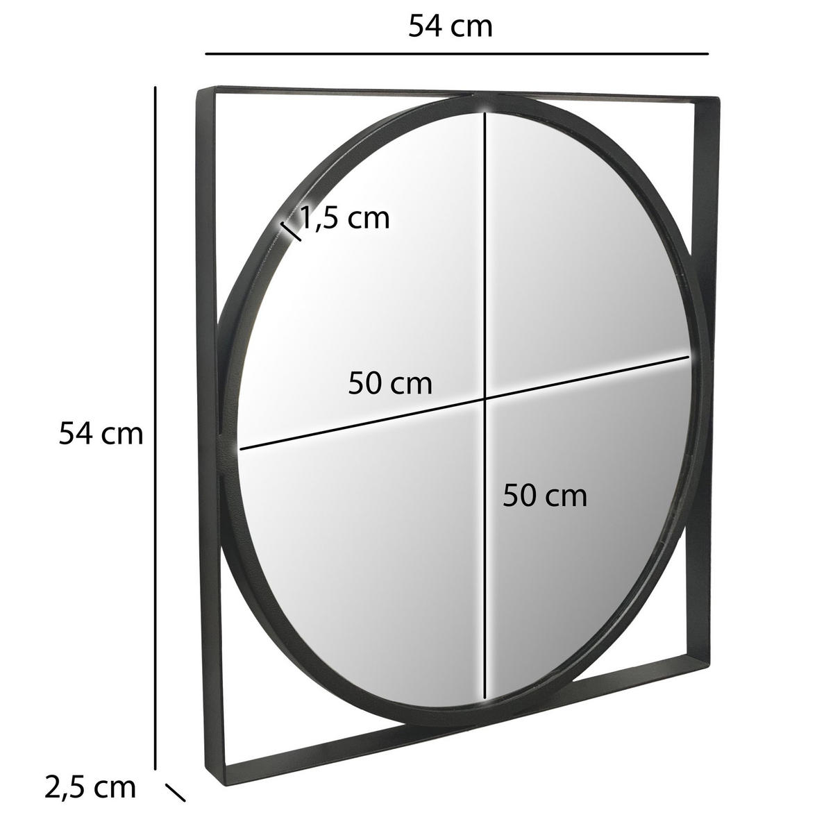 WANDSPIEGEL Rund Metall Schwarz 54x54 cm Quadratischer Rahmen - Schwarz, Glas (54/54/3cm) - KADIMA DESIGN