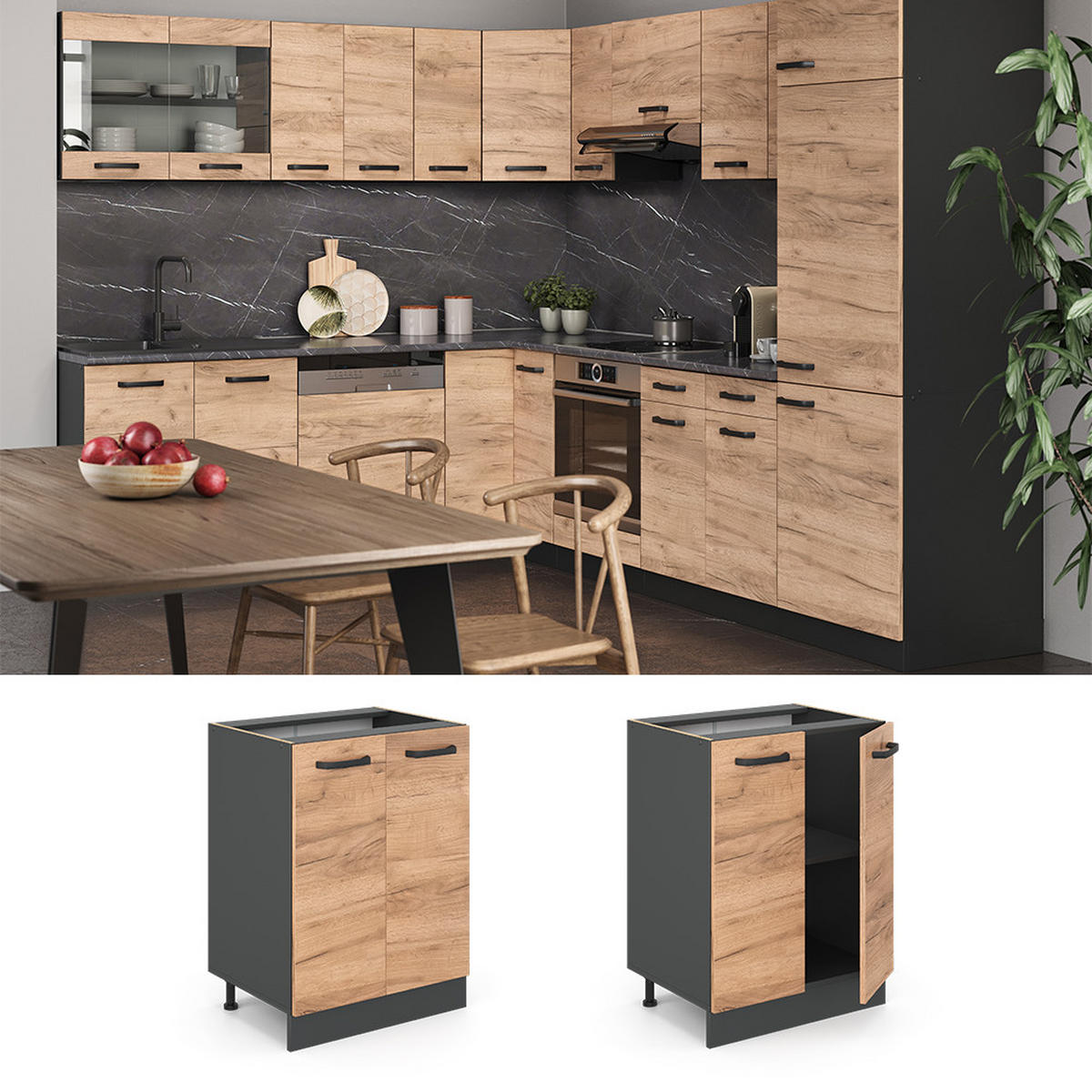 KÜCHENUNTERSCHRANK R-Line Goldkraft Eiche 60 cm ohne AP - Honigeiche/Anthrazit, Holzwerkstoff (60/81.6/46cm) - Vicco