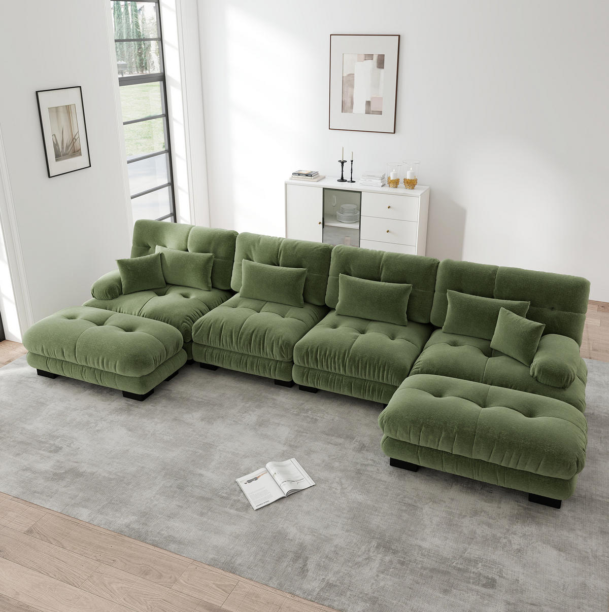 SOFA modular Chenille Green mit beweglichen Ottomans - Grün, Kunststoff (145/81/406cm) - Meubliv