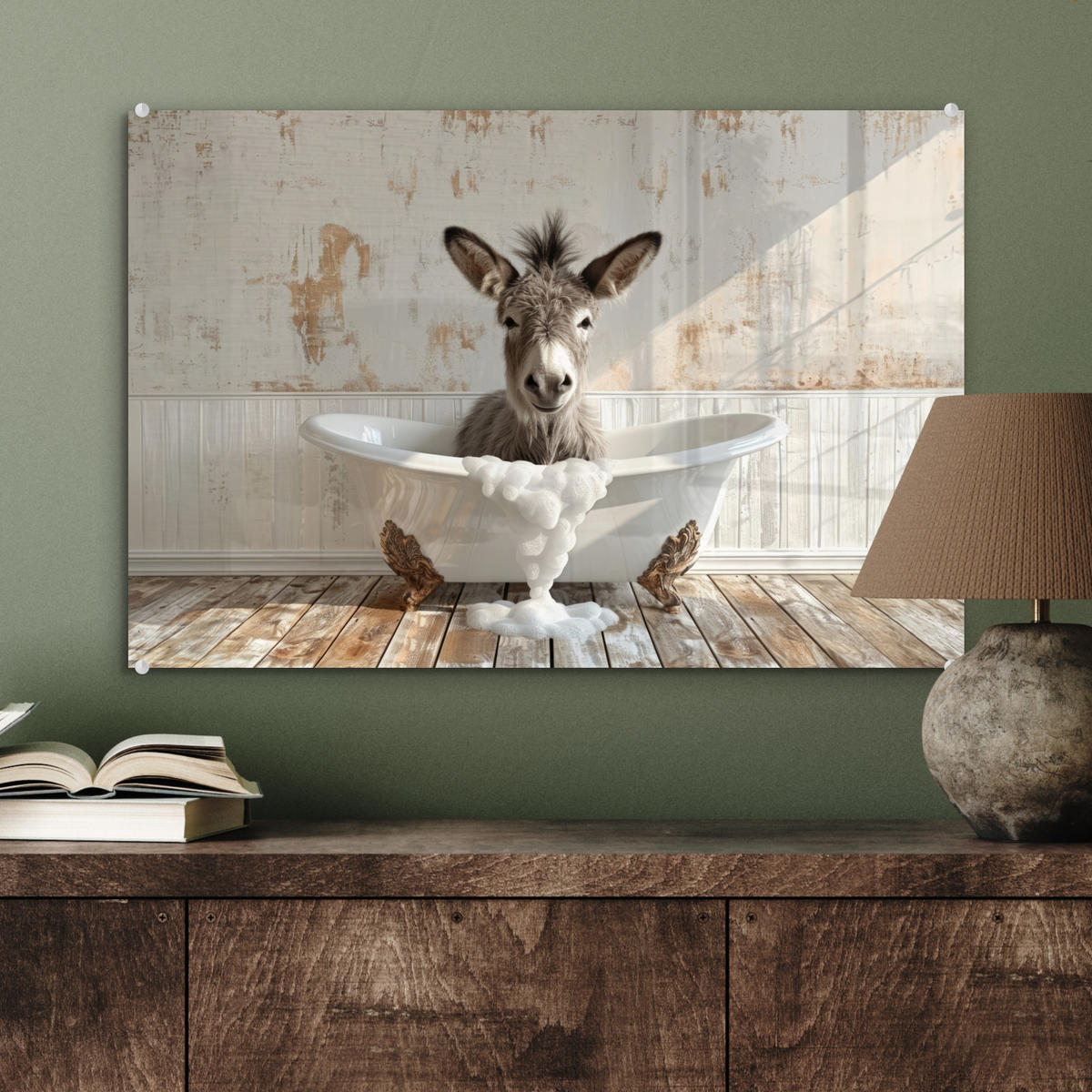ACRYLGLASBILD Esel - Tiere - Badewanne - Schaumstoff 60x40 cm - Weiß, Glas (60/40cm) - MuchoWow