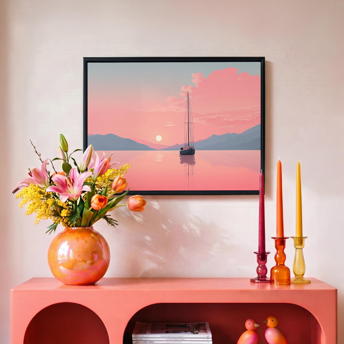 LEINWAND Bilder mit Rahmen - Segelboot - Rosa Meer - Sonnenuntergang - Berge - 40x30 - Rosa, Textil (40/30cm) - MuchoWow