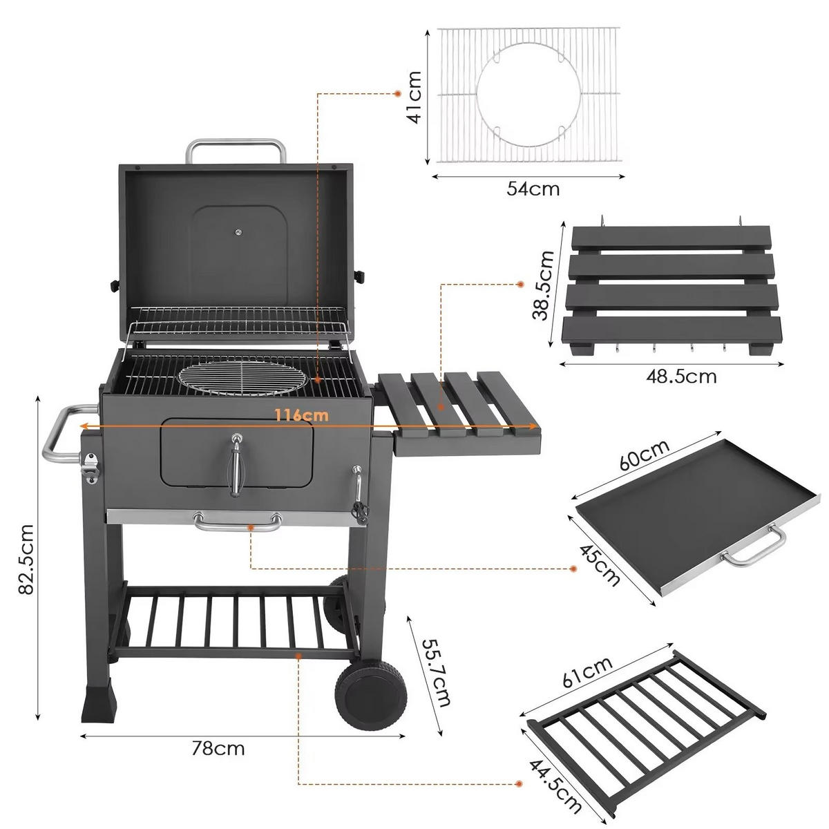 HOLZKOHLEGRILL 5–10 Personen Mit Rädern Für Garten Camping - Schwarz, Metall (55.7/116cm)
