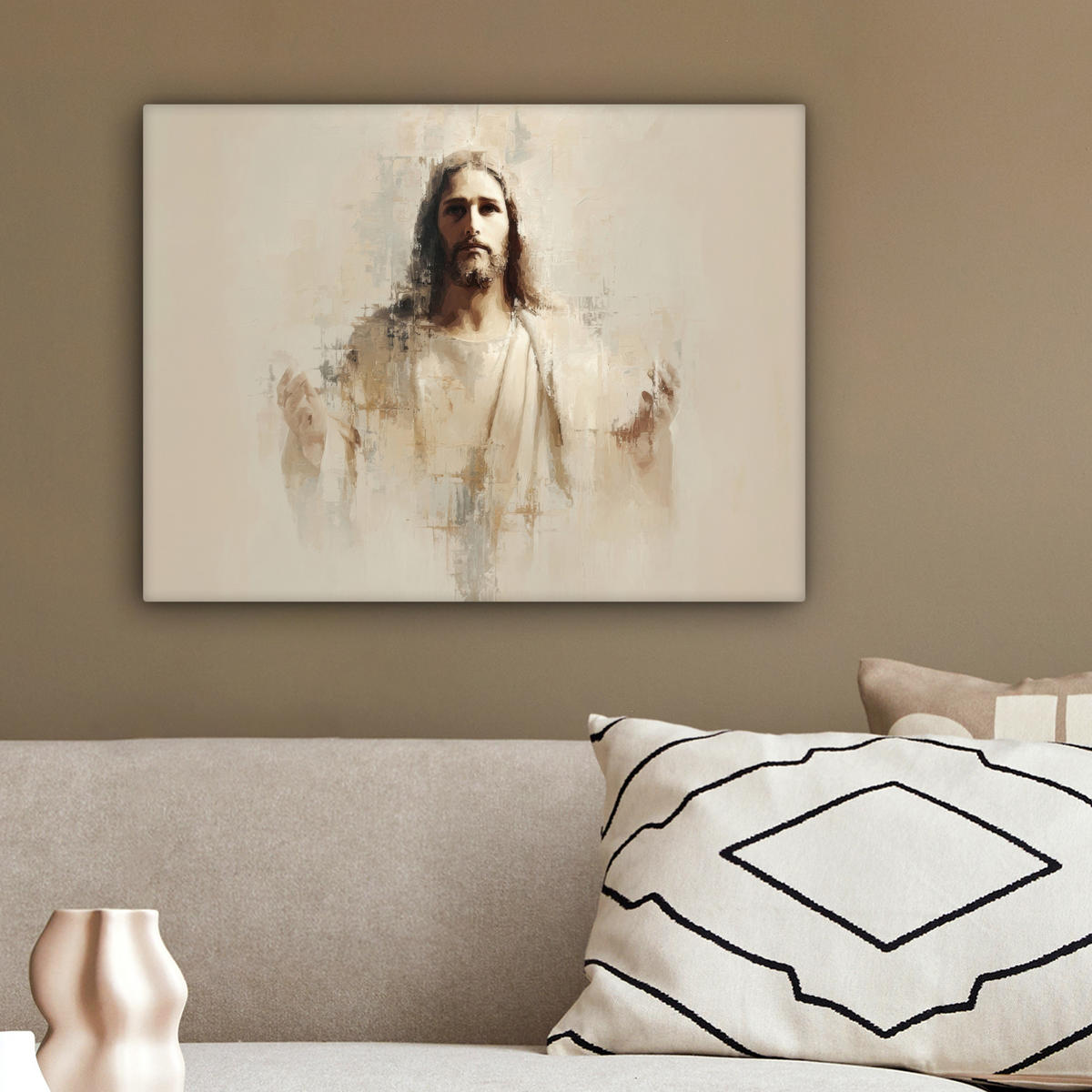 LEINWANDBILD Porträt - Abstrakt - Jesus - Beige Wandbild 40x30 cm - Beige, Textil (40/30cm) - MuchoWow