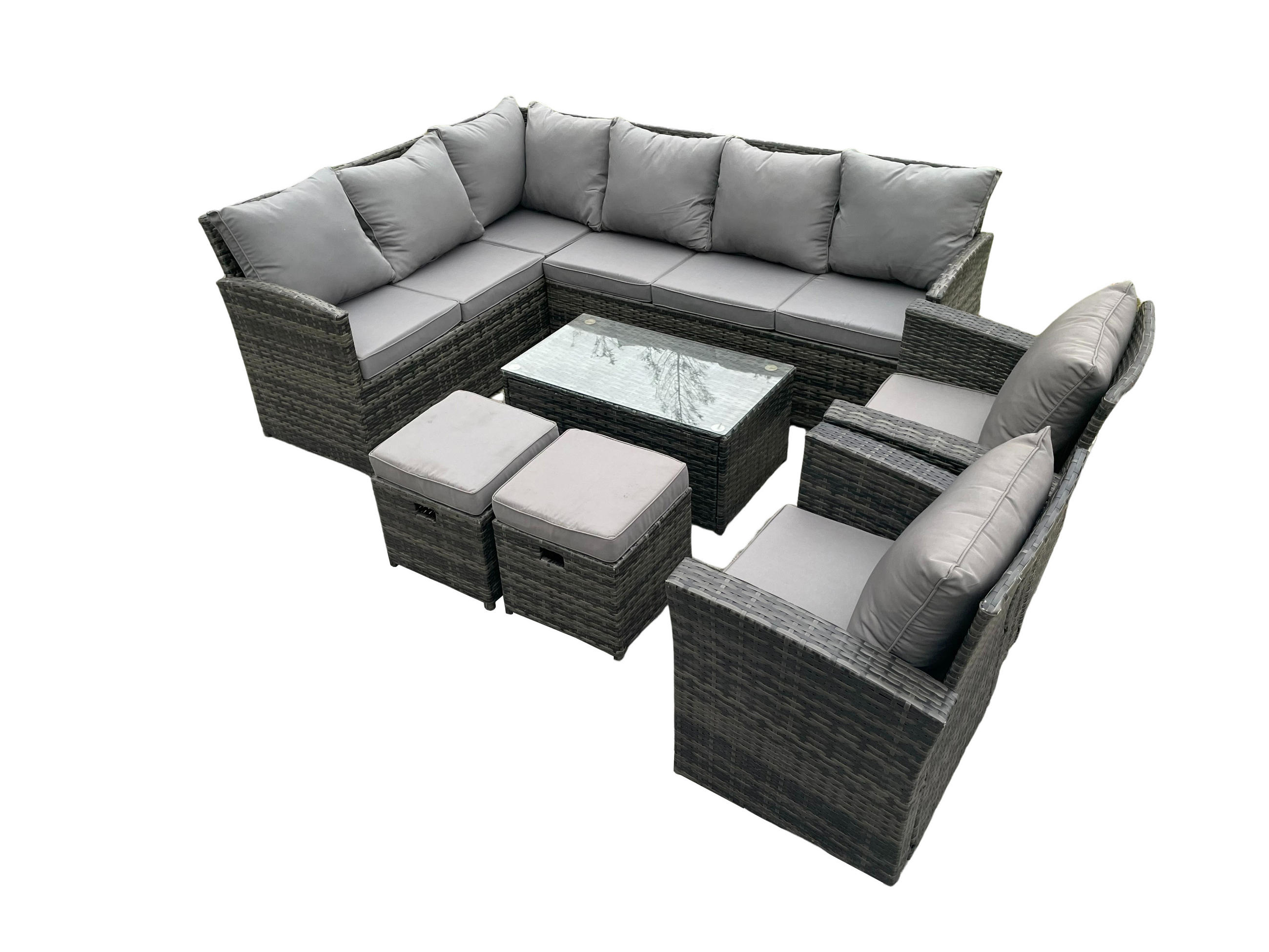GARTENSET mit Couchtisch, 2 Fußhocker,2 Stuhl Polyrattan Dunkelgrau 10-Sitzer - Dunkelgrau/Grau, Glas/Kunststoff - Fimous