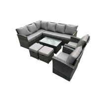 GARTENSET mit Couchtisch, 2 Fußhocker,2 Stuhl Polyrattan Dunkelgrau 10-Sitzer - Dunkelgrau/Grau, Glas/Kunststoff - Fimous
