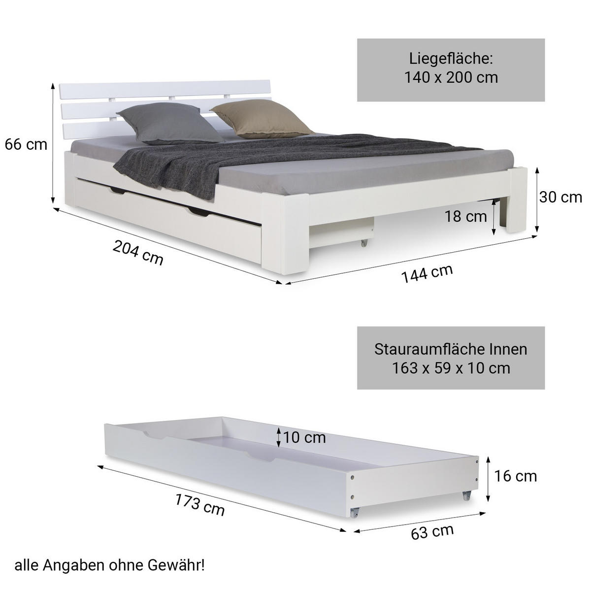 HOLZBETT mit Stauraum 140/200 cm weiß - Weiß, Holz (140/200cm) - Homestyle4u