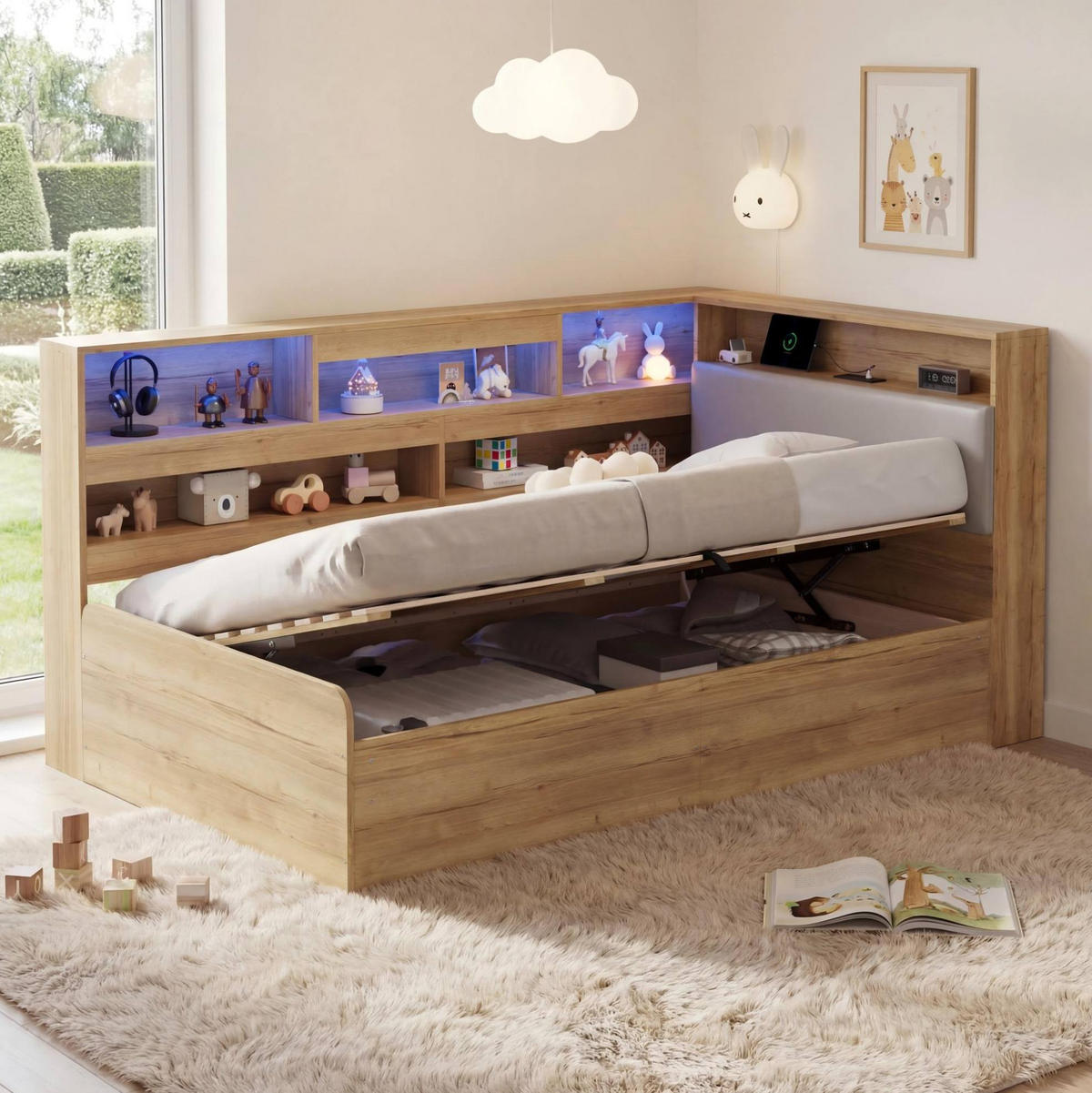 KINDERBETT 90/200 cm aus MDF und PU mit LED-Beleuchtung und USB-Ladestation Naturfarben - Naturfarben, Holzwerkstoff (90/200cm) - Modenvie