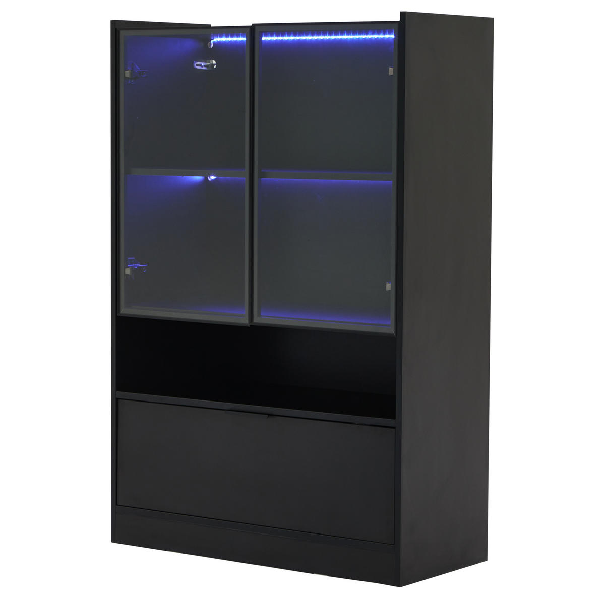 VITRINE 80/35/120 cm mit LED-Beleuchtung, Glastüren und Klapptür, Schwarz matt - Schwarz, Holzwerkstoff (80/120/35cm) - Redom