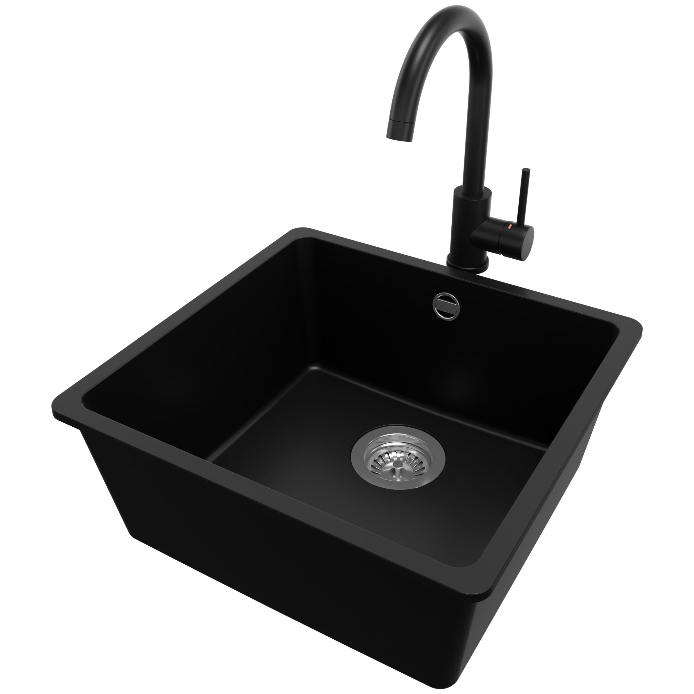 UNTERBAUSPÜLE GRANIT Venedig Easy, 2-er set Schwarz 46/44 cm 1 Becken + Küchenarmatur 32/20 cm + Ablauf-Set ab 50er Unterschrank - Chromfarben/Schwarz, Kunststoff (46/20/44cm) - Primagran