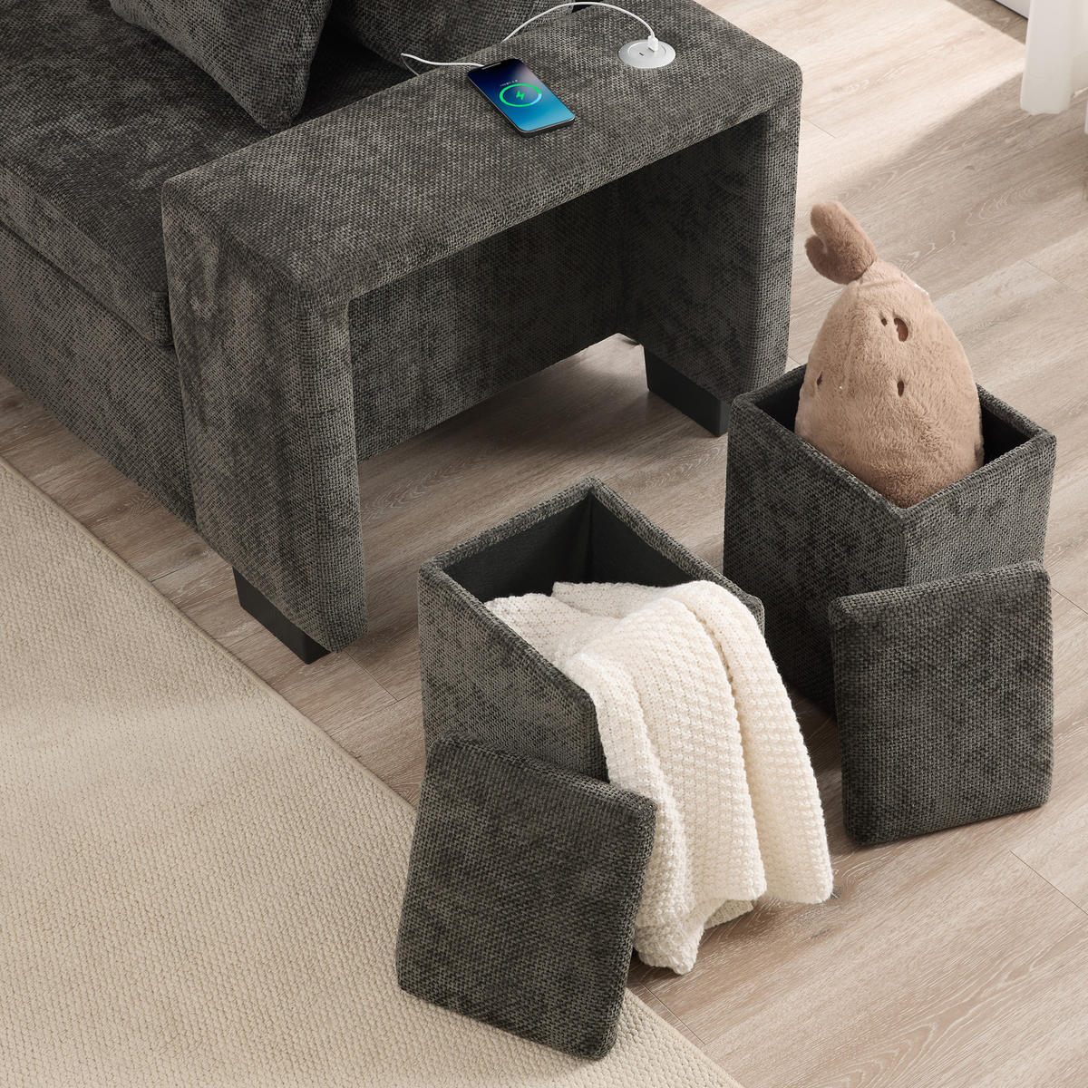 SCHLAFSOFA Grau L-Form USB Stauraum Getränkehalter Kissen - Grau, Textil (205/220cm) - FLIEKS